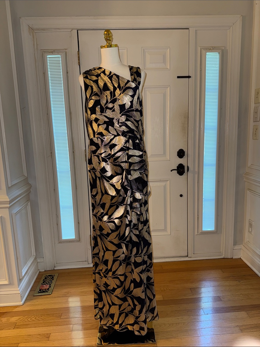 Adrianna Papell Navy and Gold Leaf-Pattern Evening Gown